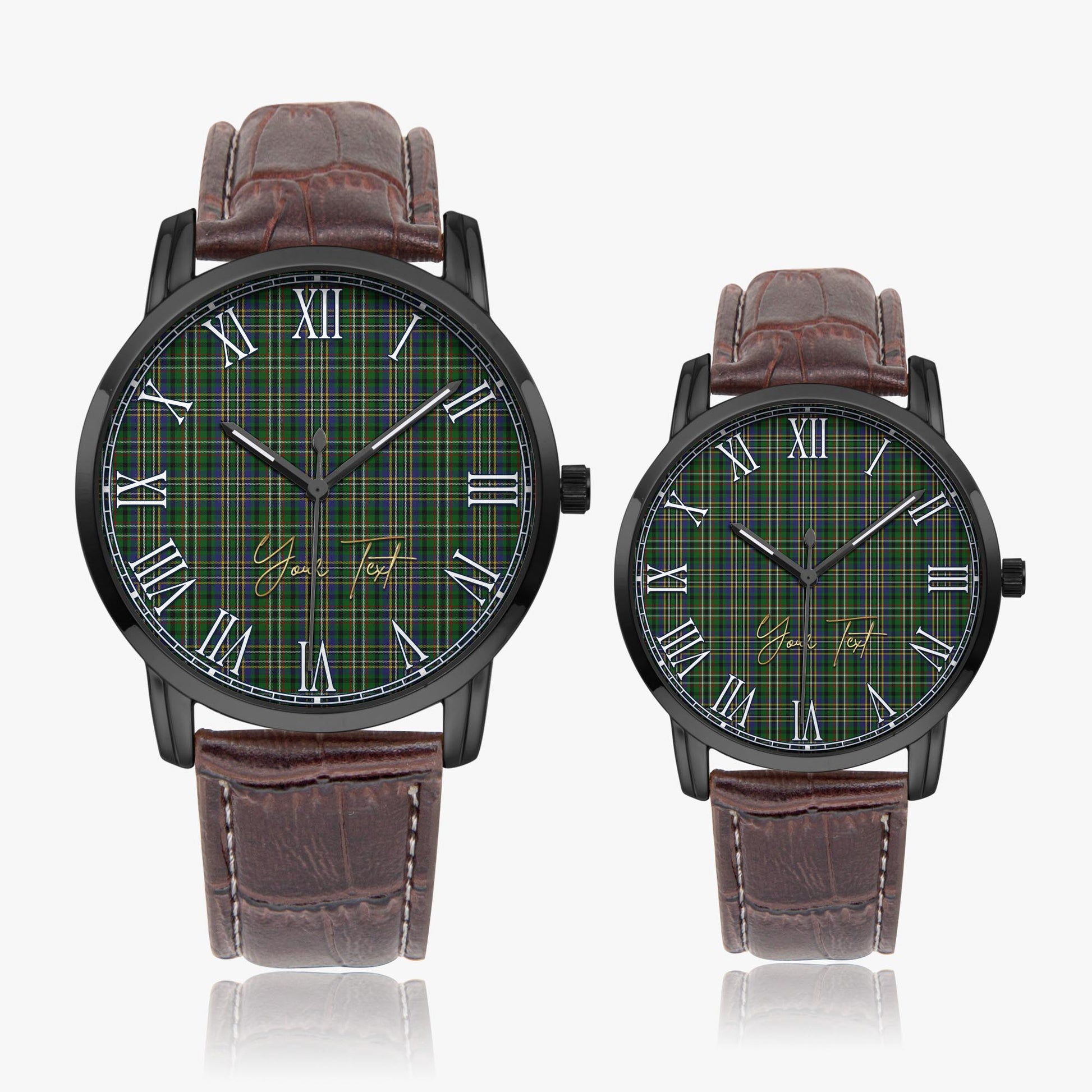 Scott Green Tartan Personalized Your Text Leather Trap Quartz Watch Wide Type Black Case With Brown Leather Strap - Tartanvibesclothing