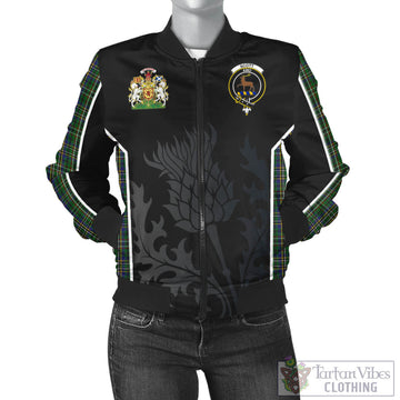 Scott Green Tartan Bomber Jacket with Family Crest and Scottish Thistle Vibes Sport Style