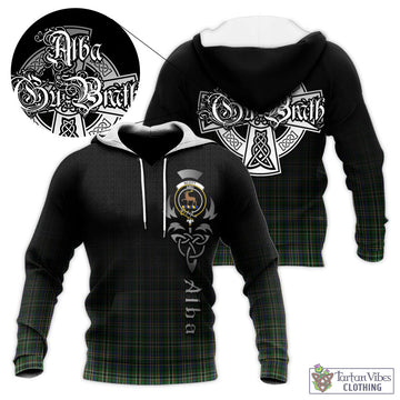 Scott Green Tartan Knitted Hoodie Featuring Alba Gu Brath Family Crest Celtic Inspired
