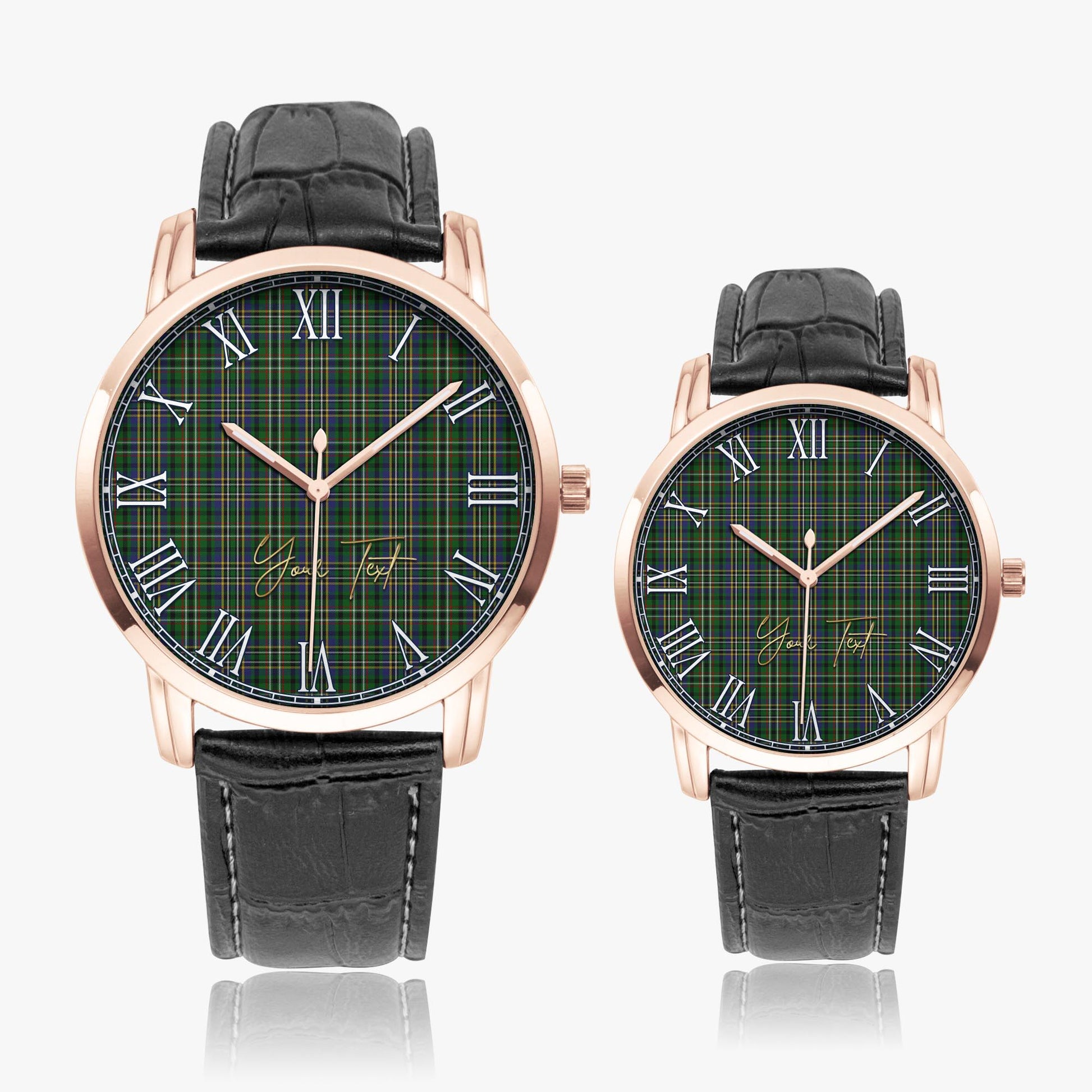 Scott Green Tartan Personalized Your Text Leather Trap Quartz Watch Wide Type Rose Gold Case With Black Leather Strap - Tartanvibesclothing