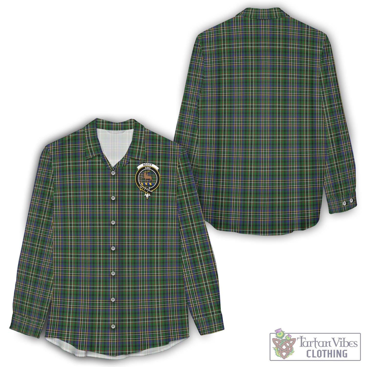 Tartan Vibes Clothing Scott Green Tartan Womens Casual Shirt with Family Crest