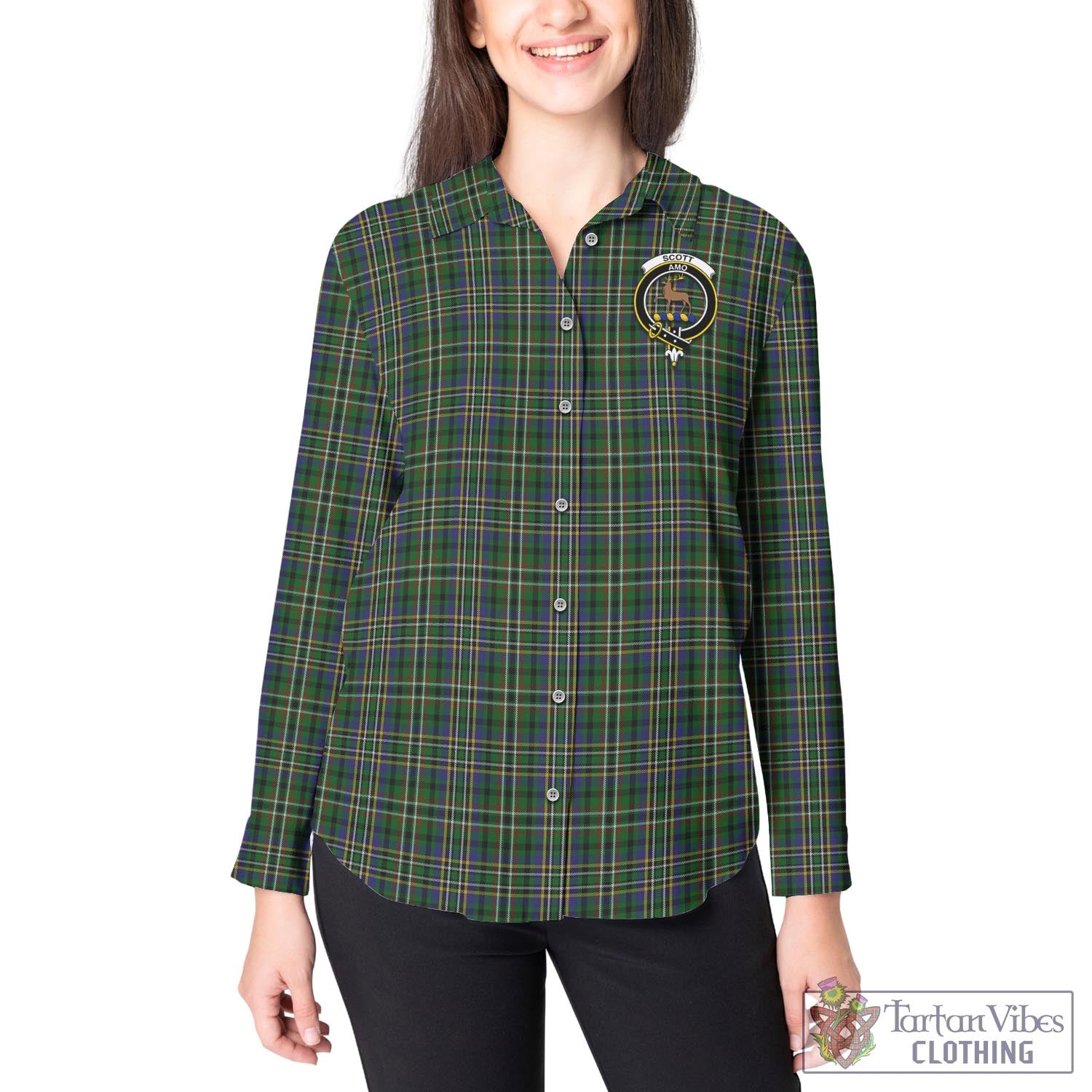 Tartan Vibes Clothing Scott Green Tartan Womens Casual Shirt with Family Crest