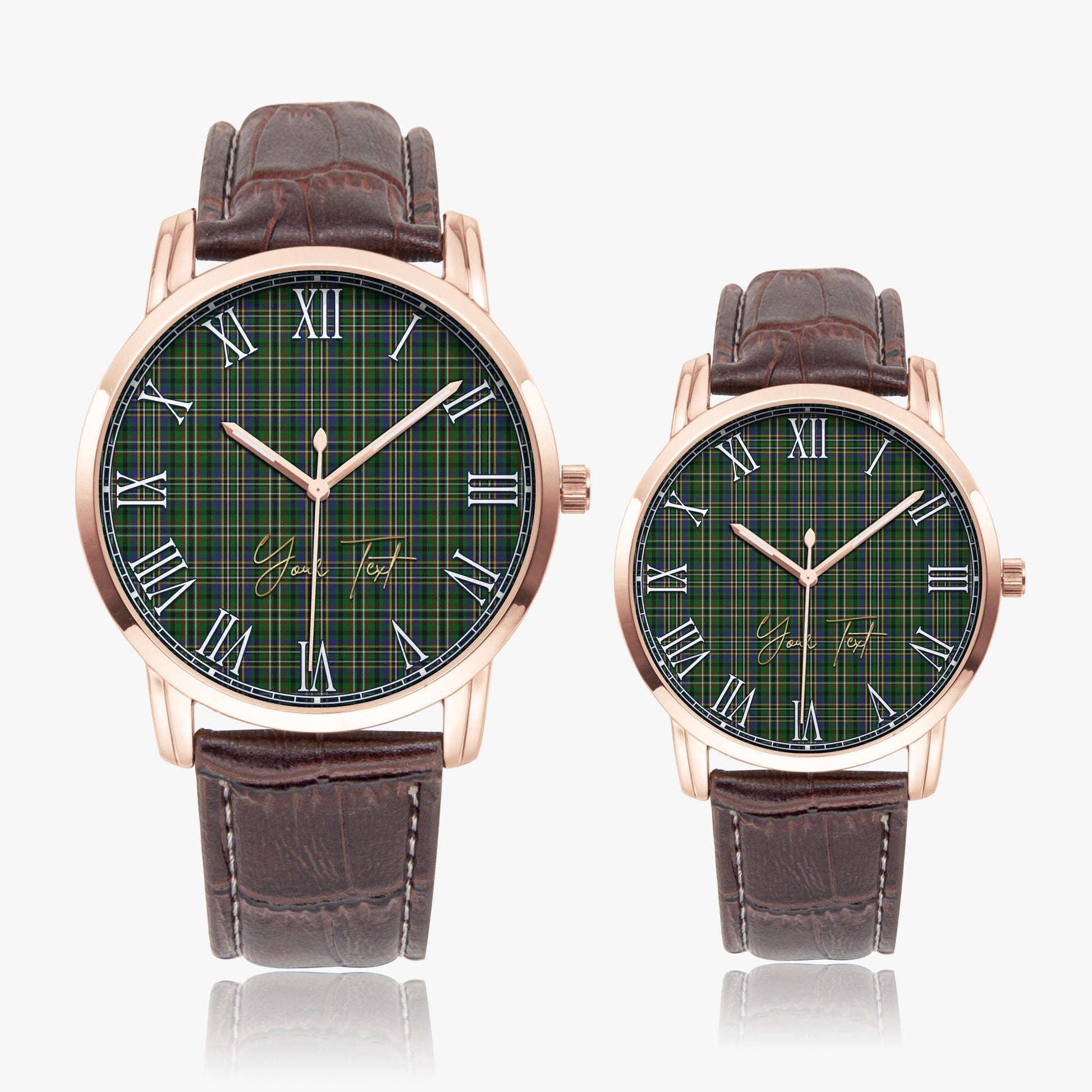 Scott Green Tartan Personalized Your Text Leather Trap Quartz Watch Wide Type Rose Gold Case With Brown Leather Strap - Tartanvibesclothing