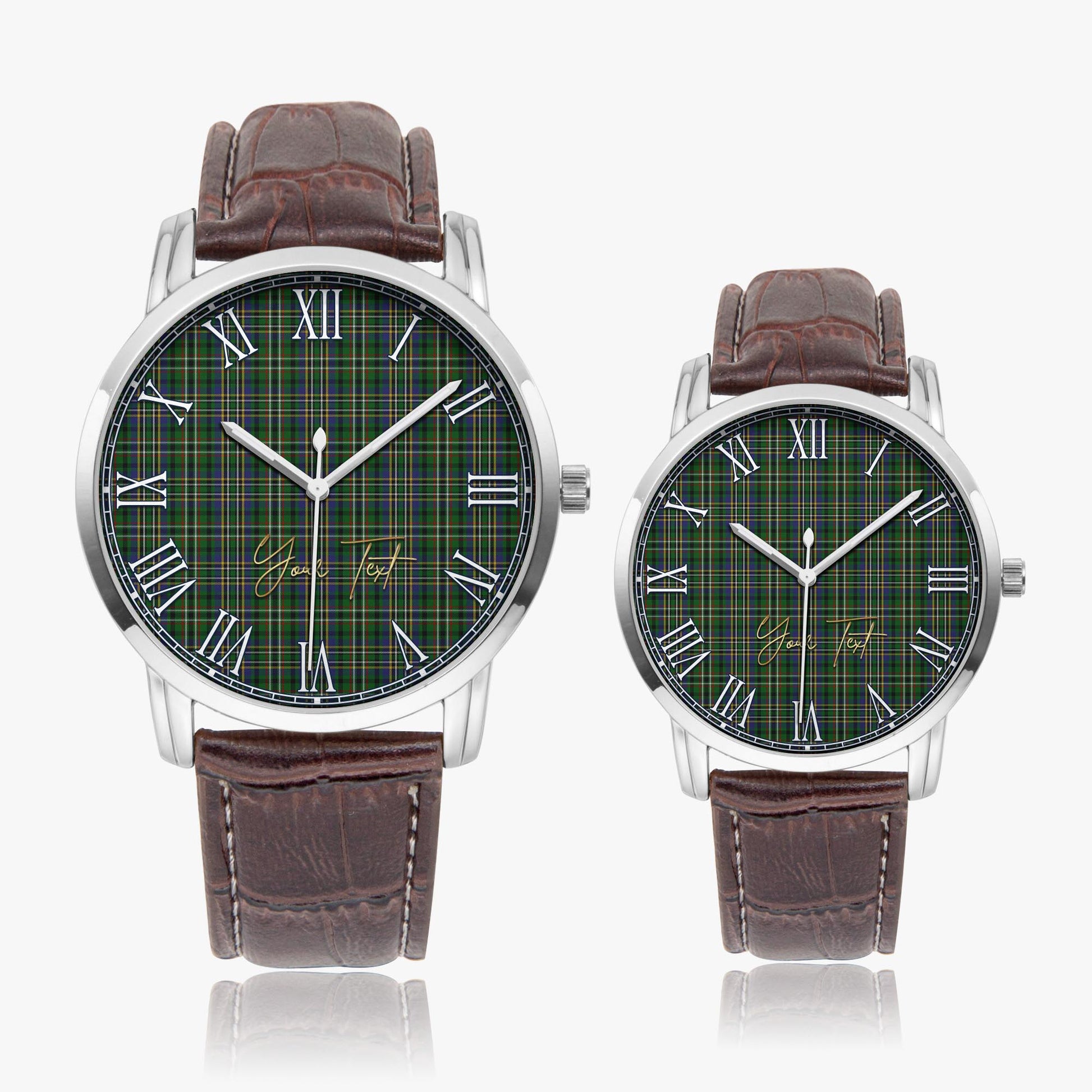 Scott Green Tartan Personalized Your Text Leather Trap Quartz Watch Wide Type Silver Case With Brown Leather Strap - Tartanvibesclothing