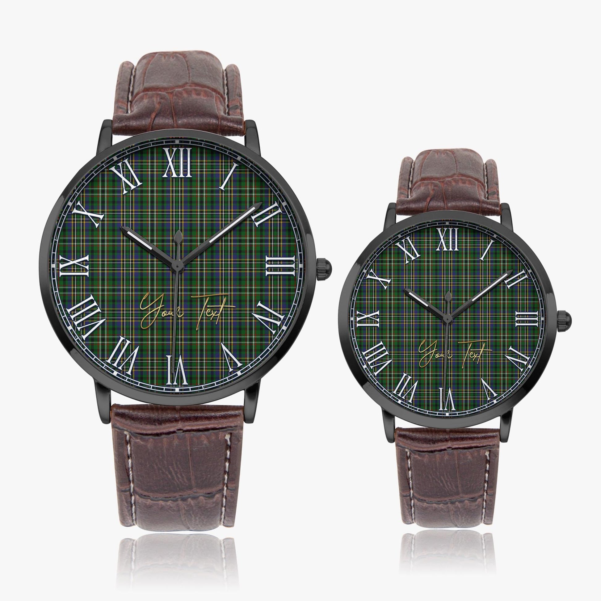 Scott Green Tartan Personalized Your Text Leather Trap Quartz Watch Ultra Thin Black Case With Brown Leather Strap - Tartanvibesclothing