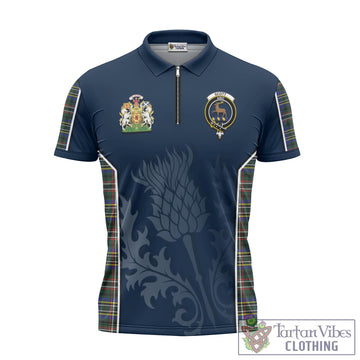 Scott Green Modern Tartan Zipper Polo Shirt with Family Crest and Scottish Thistle Vibes Sport Style