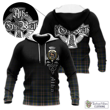 Scott Green Modern Tartan Knitted Hoodie Featuring Alba Gu Brath Family Crest Celtic Inspired