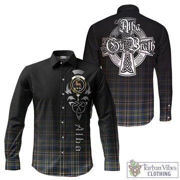 Scott Green Modern Tartan Long Sleeve Button Up Featuring Alba Gu Brath Family Crest Celtic Inspired