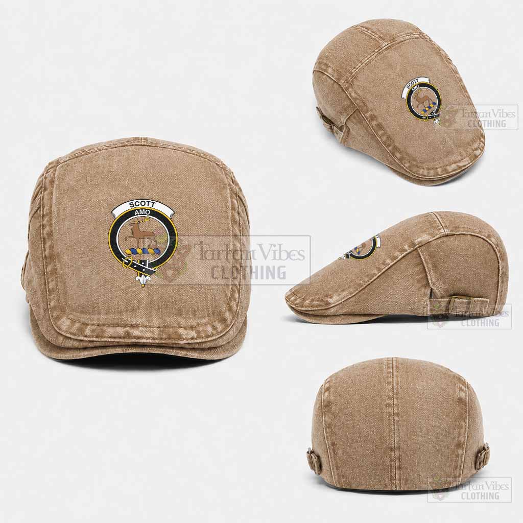 Scott Scottish Clan Crest Washed Flat Cap - Unisex Jeff Cap One Size (Adjustable) Khaki - Tartan Vibes Clothing
