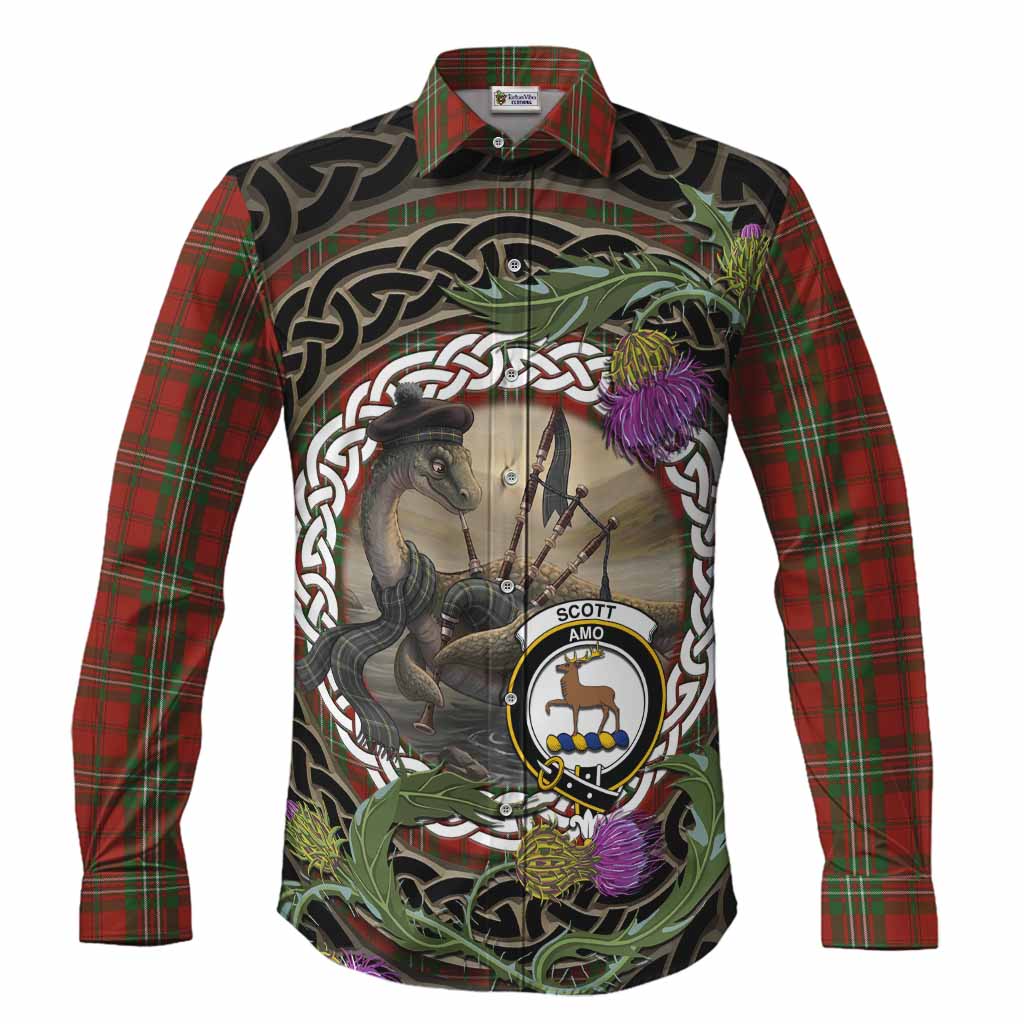 Scott Tartan Crest Bagpipe Nessie Long Sleeve Button Shirts Scottish Loch Ness Monster Celtic Thistle