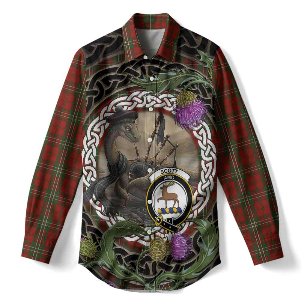 Scott Tartan Crest Bagpipe Nessie Women Casual Shirt Scottish Loch Ness Monster Celtic Thistle
