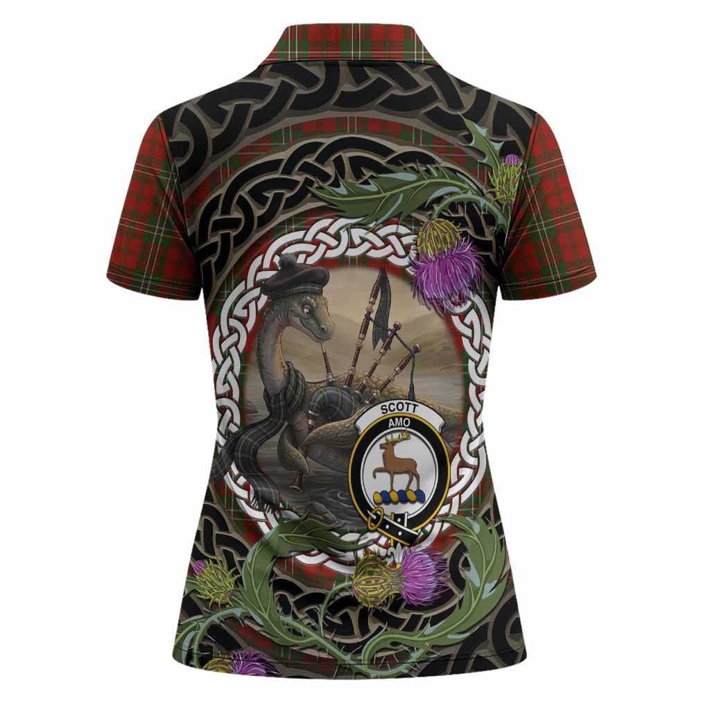 Scott Tartan Crest Bagpipe Nessie Women Polo Shirt Scottish Loch Ness Monster Celtic Thistle