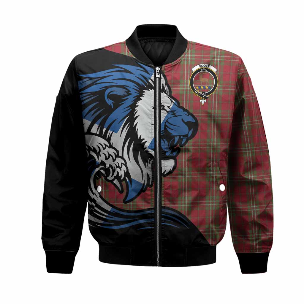 Scott Tartan Crest Bomber Jacket Scottish Golden Lions Wave Flow