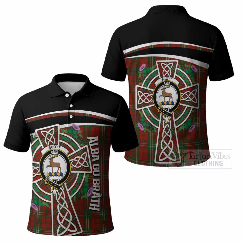 Scott Tartan Crest Polo Shirt Scottish Thistle Celtic Cross Alba Gu Brath