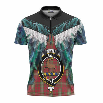 Scott Tartan Crest Zipper Polo Shirt New Zealand Maori Korowai Cloak