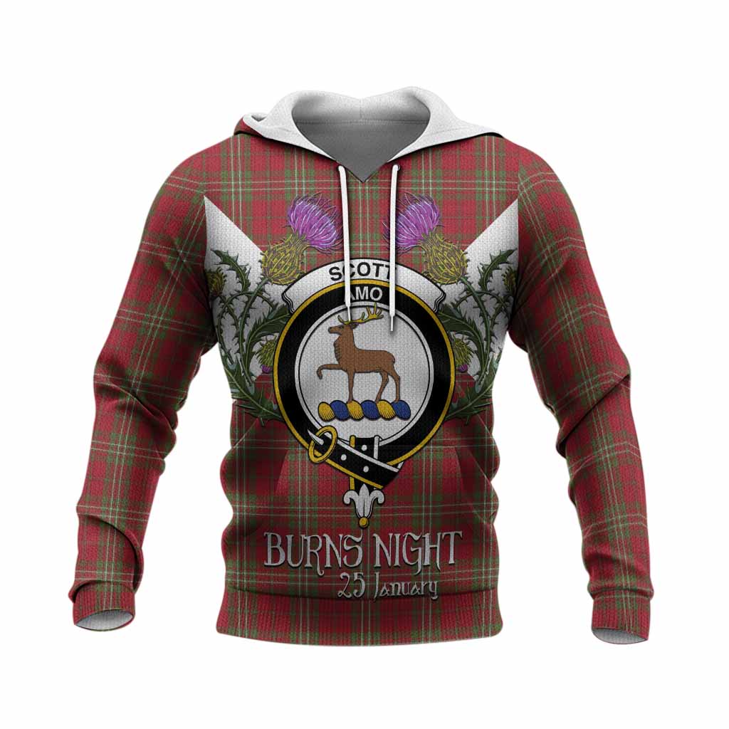 Scott Tartan Family Crest Knitted Hoodie Scottish Burns Night Thistle Floral
