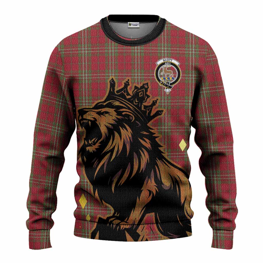 Scott Tartan Family Crest Knitted Sweater Crowned Lion Roaring
