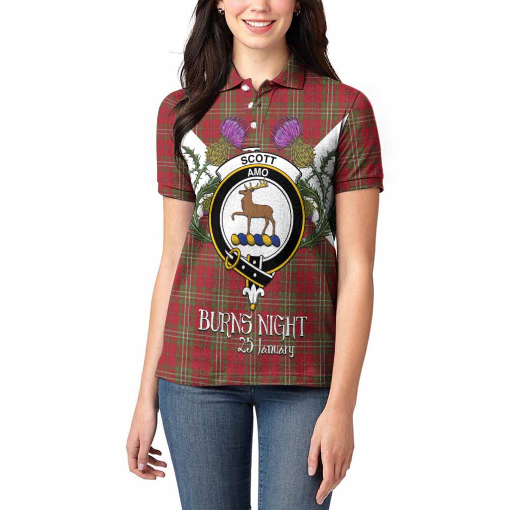 Scott Tartan Family Crest Women Polo Shirt Scottish Burns Night Thistle Floral