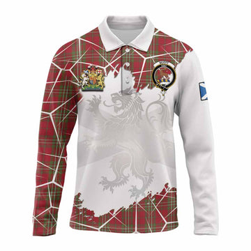 Scott Tartan Long Sleeve Polo Shirt with Family Crest and Lion Rampant Grunge Style