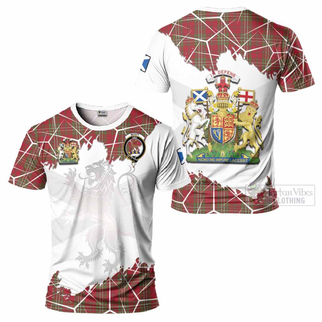 Scott Tartan T-Shirt with Family Crest and Lion Rampant Grunge Style