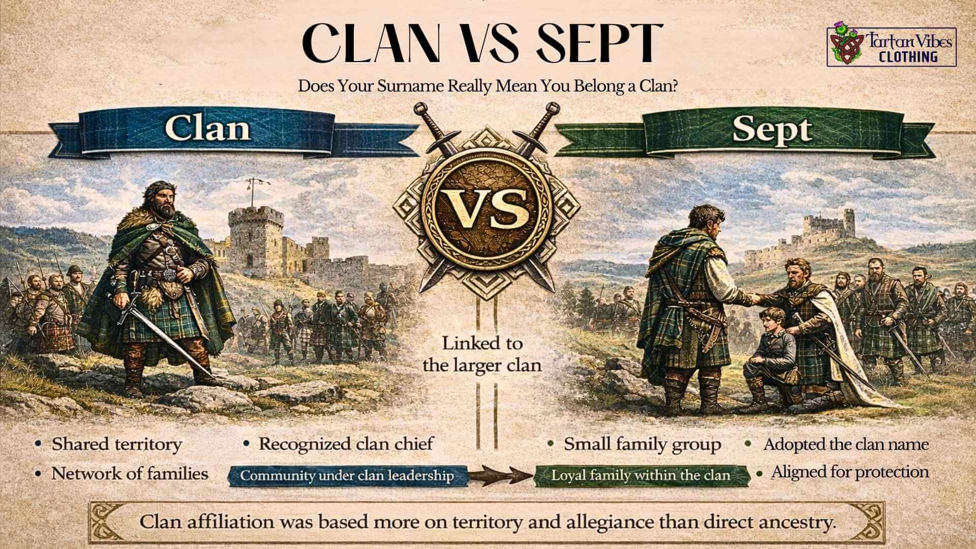 Scottish clan vs sept illustration showing differences in surname meaning and affiliation