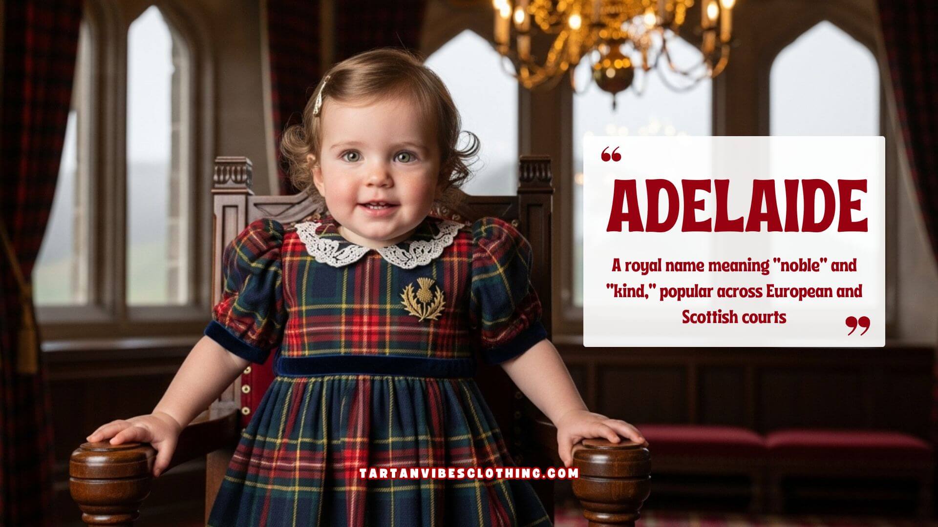 Smiling young girl in a red and green tartan dress with a lace collar, standing in a grand hall with arched windows and chandeliers. The text beside her reads “Adelaide – A royal name meaning ‘noble’ and ‘kind,’ popular across European and Scottish courts.”