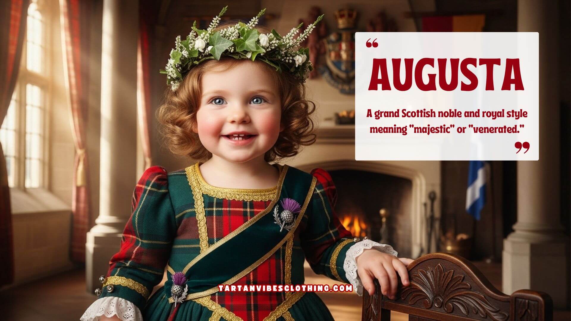 Smiling young girl dressed in a regal green and red tartan dress with gold trim and a floral crown, standing in a grand Scottish room with a fireplace and flag, with the name “Augusta” and text explaining it means “majestic” or “venerated.”