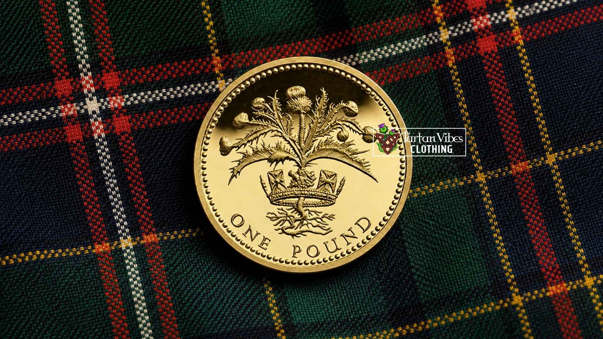 Scottish thistle emblem engraved on a one-pound coin over tartan fabric