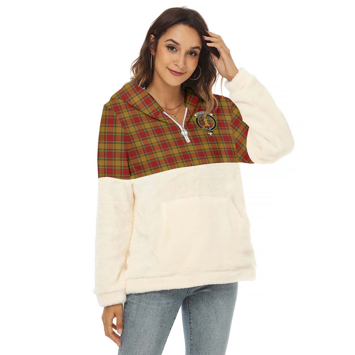 scrymgeour-tartan-womens-borg-fleece-hoodie-with-half-zip-with-family-crest
