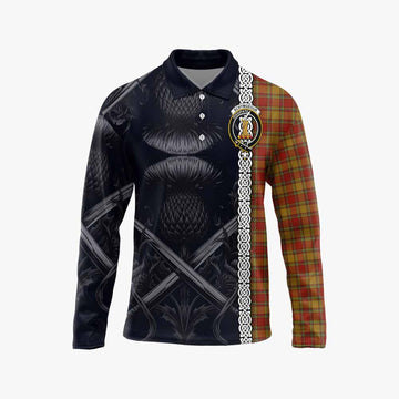 Scrymgeour Tartan Long Sleeve Polo Shirt with Family Crest Cross Sword Thistle Celtic Vibes Unisex - Tartan Vibes Clothing