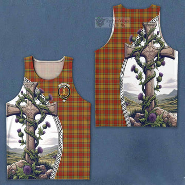 Scrymgeour Tartan Men's Tank Top with Family Crest and St. Andrew's Cross Accented by Thistle Vines Men - Tartan Vibes Clothing