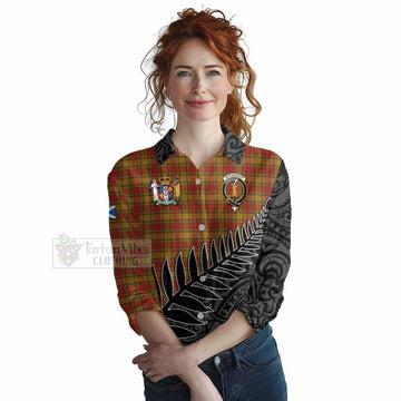 Tartan Vibes Clothing Scrymgeour Crest Tartan Women's Casual Shirt with New Zealand Silver Fern Half Style