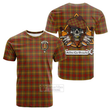 Scrymgeour Tartan Cotton T-shirt with Family Crest and Bearded Skull Holding Bottles of Whiskey Kid's Shirt - Tartan Vibes Clothing