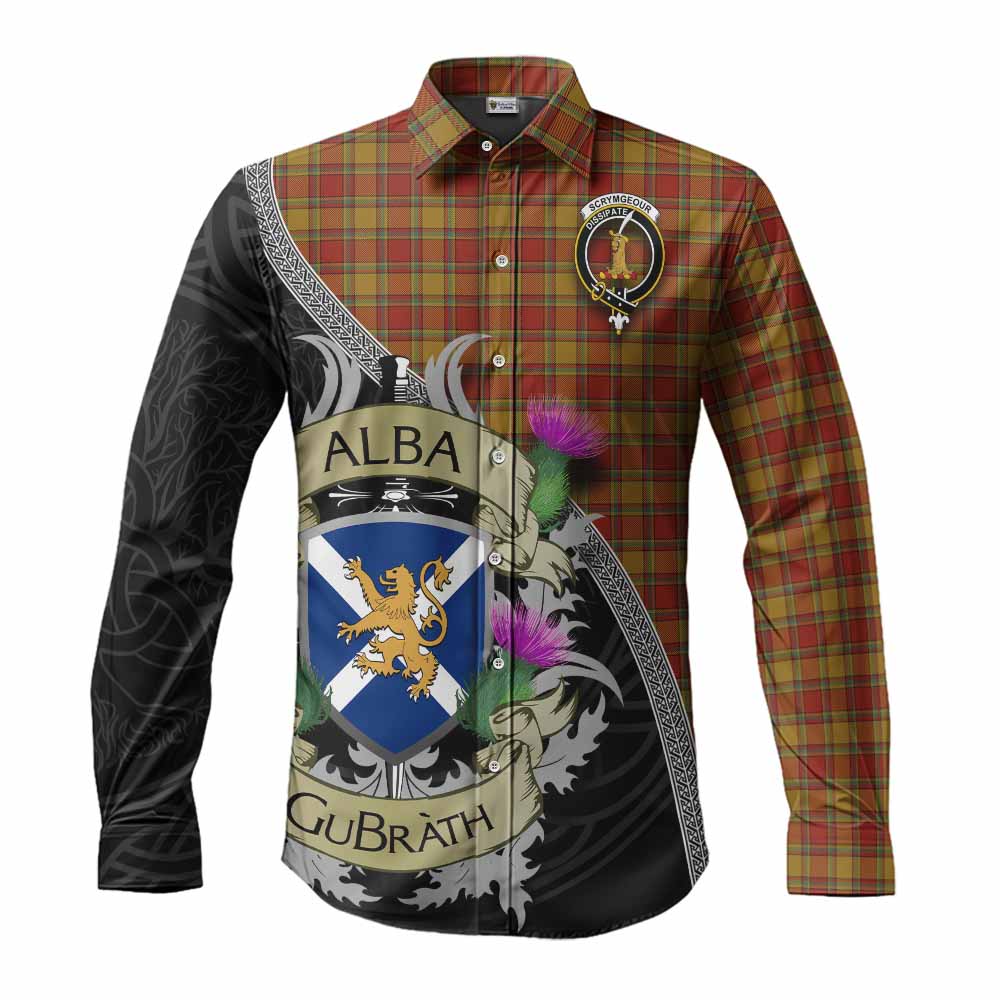 Scrymgeour Tartan Family Crest Long Sleeve Button Shirt Lion Rampant Royal Thistle Shield Celtic Inspired Men's Shirt S - Tartan Vibes Clothing