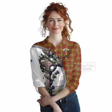 Scrymgeour Tartan Women's Casual Shirt with Family Crest and St. Andrew's Cross Accented by Thistle Vines Female - Tartan Vibes Clothing