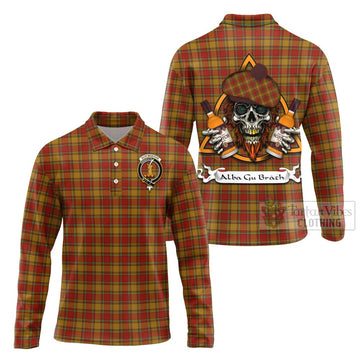 Scrymgeour Tartan Long Sleeve Polo Shirt with Family Crest and Bearded Skull Holding Bottles of Whiskey Unisex - Tartan Vibes Clothing