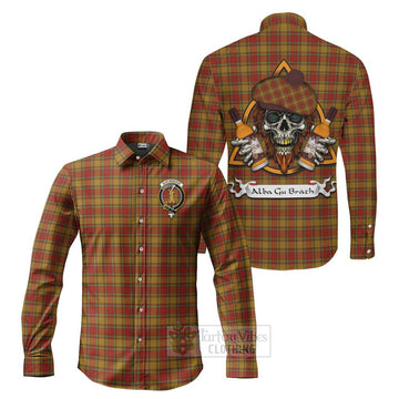 Scrymgeour Tartan Long Sleeve Button Shirt with Family Crest and Bearded Skull Holding Bottles of Whiskey Men's Shirt S - Tartan Vibes Clothing