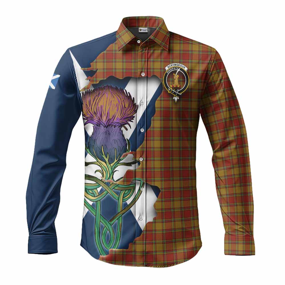 Tartan Vibes Clothing Scrymgeour Tartan Family Crest Long Sleeve Button Shirt Scottish Thistle Celtic Inspired