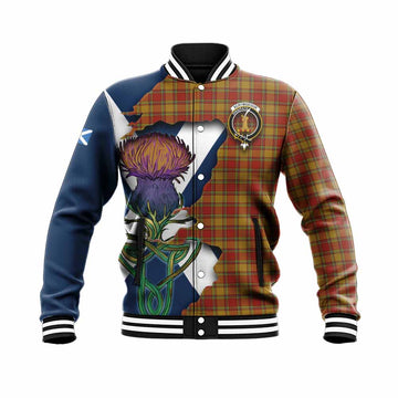 Tartan Vibes Clothing Scrymgeour Tartan Family Crest Baseball Jacket Scottish Thistle Celtic Inspired
