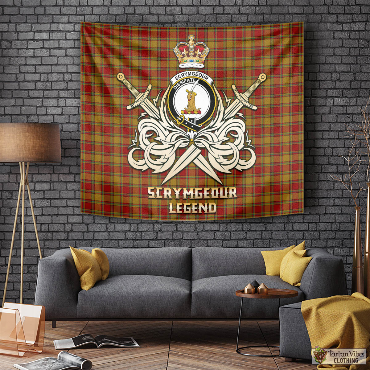 Tartan Vibes Clothing Scrymgeour Tartan Tapestry with Clan Crest and the Golden Sword of Courageous Legacy