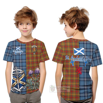 Scrymgeour Tartan Kid T-Shirt Happy St. Andrew's Day Half Tartan Style Youth XL Size14 - Tartan Vibes Clothing