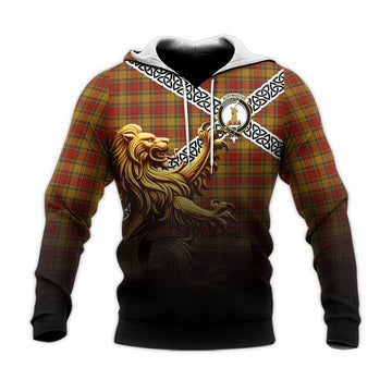Tartan Vibes Clothing Scrymgeour Crest Tartan Knitted Hoodie with Golden Lion Emblem Celtic Style