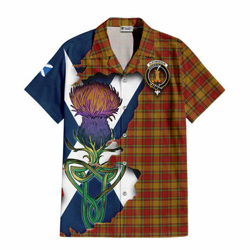 Tartan Vibes Clothing Scrymgeour Tartan Family Crest Short Sleeve Button Shirt Scottish Thistle Celtic Inspired
