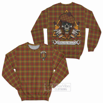 Scrymgeour Tartan Sweatshirt with Family Crest and Bearded Skull Holding Bottles of Whiskey Unisex - Tartan Vibes Clothing