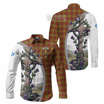Scrymgeour Tartan Long Sleeve Button Shirt with Family Crest and St. Andrew's Cross Accented by Thistle Vines Men's Shirt S - Tartan Vibes Clothing