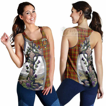 Scrymgeour Tartan Women's Racerback Tanks with Family Crest and St. Andrew's Cross Accented by Thistle Vines 4XL - Tartan Vibes Clothing