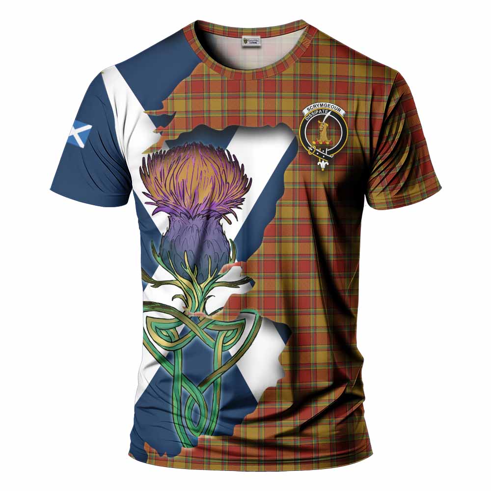 Tartan Vibes Clothing Scrymgeour Tartan Family Crest T-Shirt Scottish Thistle Celtic Inspired