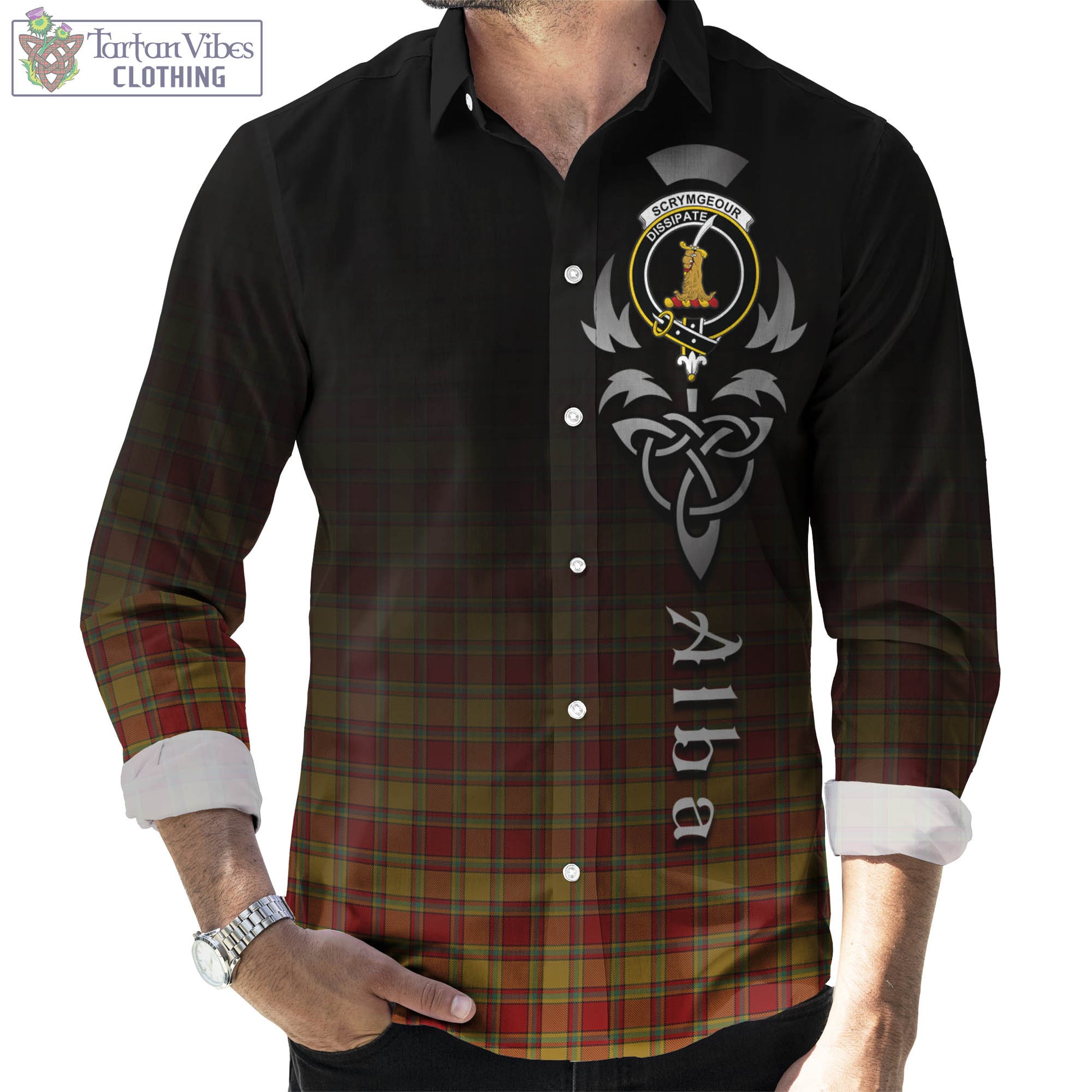 Scrymgeour Tartan Long Sleeve Button Up Featuring Alba Gu Brath Family Crest Celtic Inspired Men's Shirt - Tartan Vibes Clothing