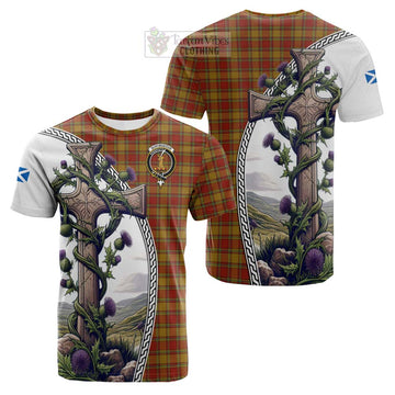 Scrymgeour Tartan Cotton T-shirt with Family Crest and St. Andrew's Cross Accented by Thistle Vines Kid's Shirt - Tartan Vibes Clothing