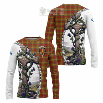 Scrymgeour Tartan Long Sleeve T-Shirt with Family Crest and St. Andrew's Cross Accented by Thistle Vines Unisex - Tartan Vibes Clothing
